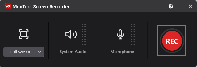 On the MiniTool Screen Recorder page, the REC button is selected.