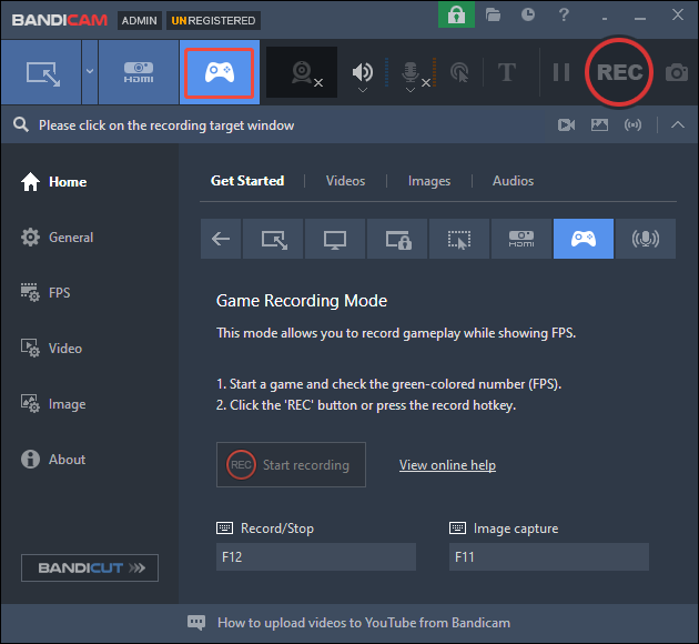 In the Bandicam interface, the Game icon is selected.