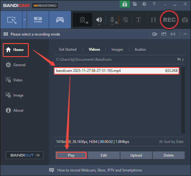The Bandicam interface shows how to check the recorded StarCraft 2 video.
