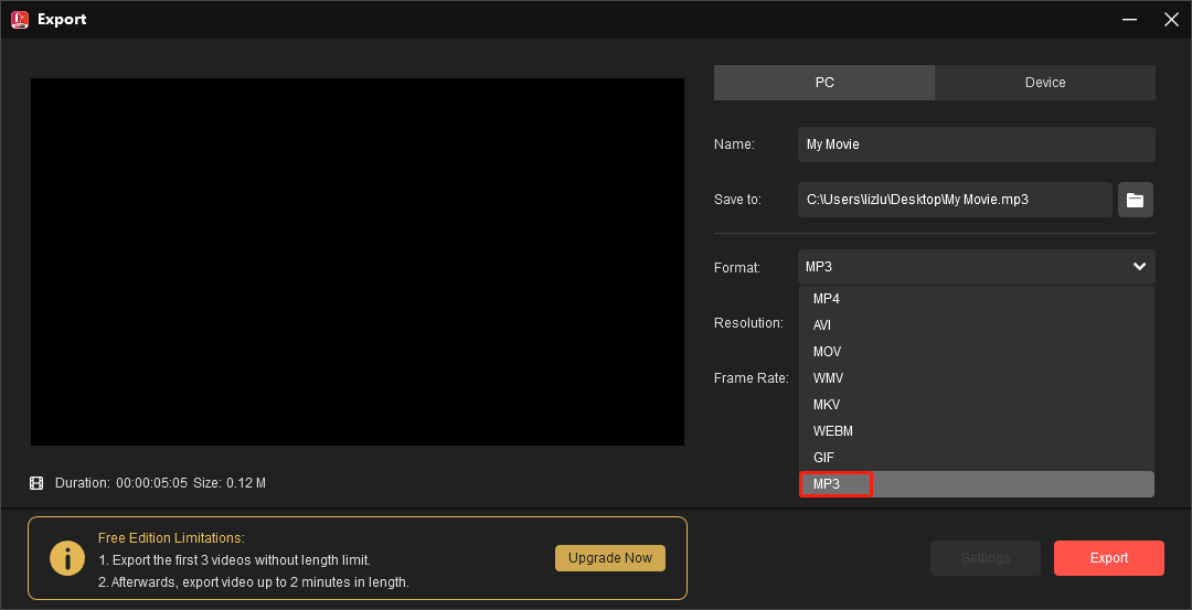 MiniTool MovieMakerで出力形式を選択する