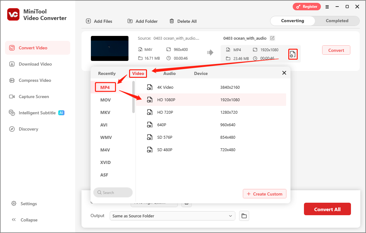 Fenster durch Klick auf den diagonalen Pfeil öffnen und MP4 im neuen Fenster als Ausgabeformat festlegen