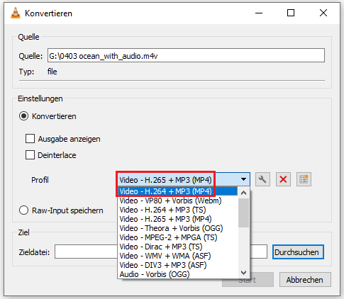 in VLC die Option „Profil“ erweitern und das gewünschte Format auswählen