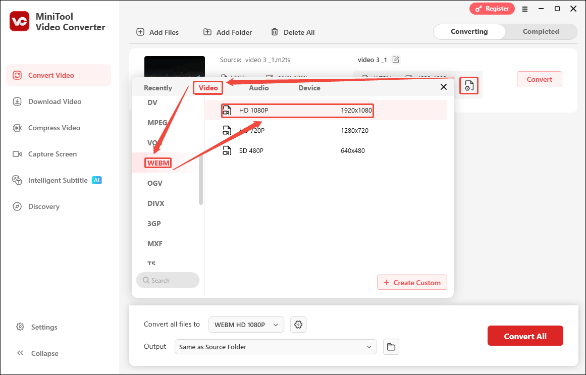 Auswahl des WEBM-Formats und der Auflösung in MiniTool Video Converter.