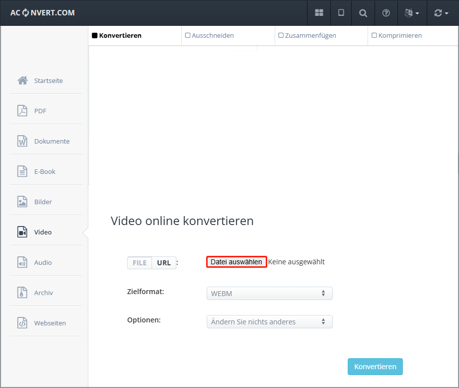 Klicken auf Dateien auswählen bei AConvert.