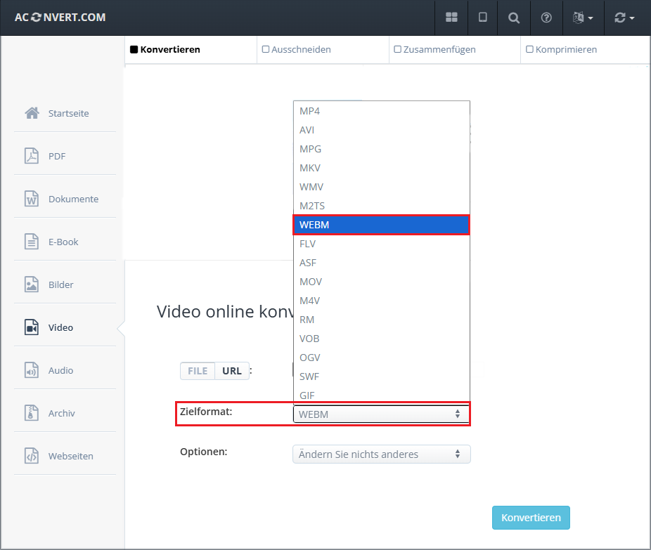 Erweitern des Menüs Zielformat und Auswahl von WEBM.