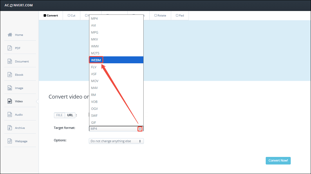 Expand the Target format option in AConvert to choose WEBM