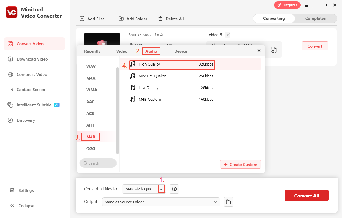 Set M4B in the output window of MiniTool Video Converter as the output format