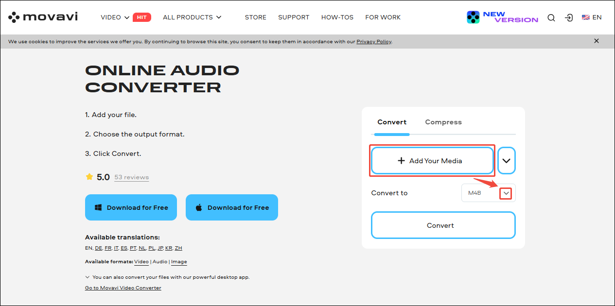 Click the Add Your Media option to upload the M4R file and expand the Convert to option in Movavi Video Converter to set M4B as the output format