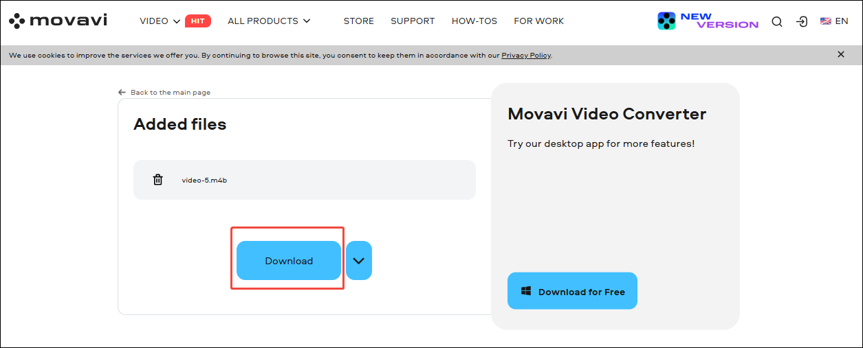 Click the Download button in Movavi Video Converter to save the converted audio