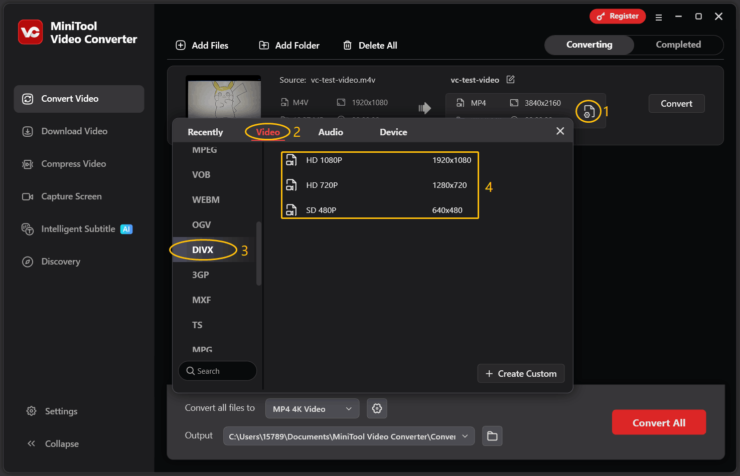 MiniTool Video Converter output format window showing how to choose DIVX as output format.