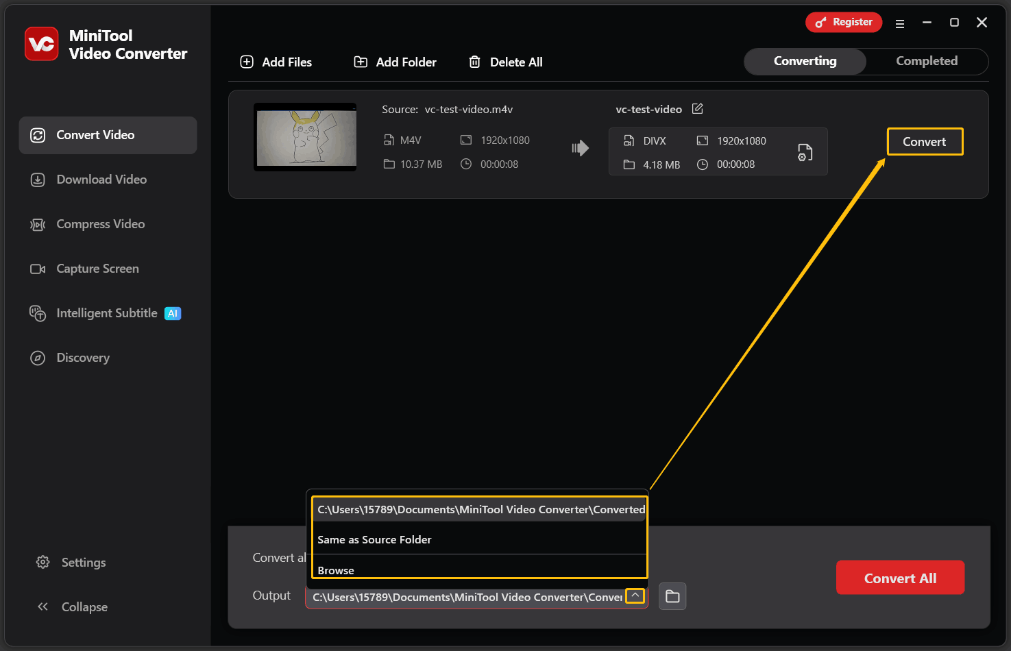 MiniTool Video Converter interface shows the Output folder expanded and the Convert button highlighted.