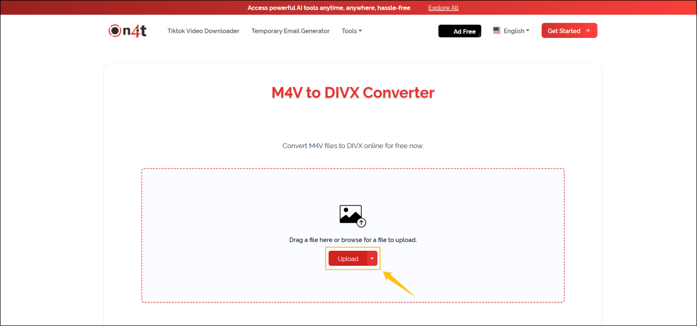 ON4T M4V to DIVX Converter interface with the Upload button highlighted.