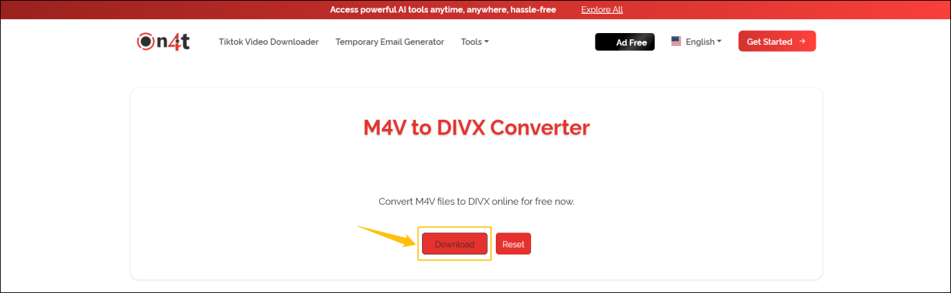 ON4T M4V to DIVX Converter interface with the Download button highlighted.