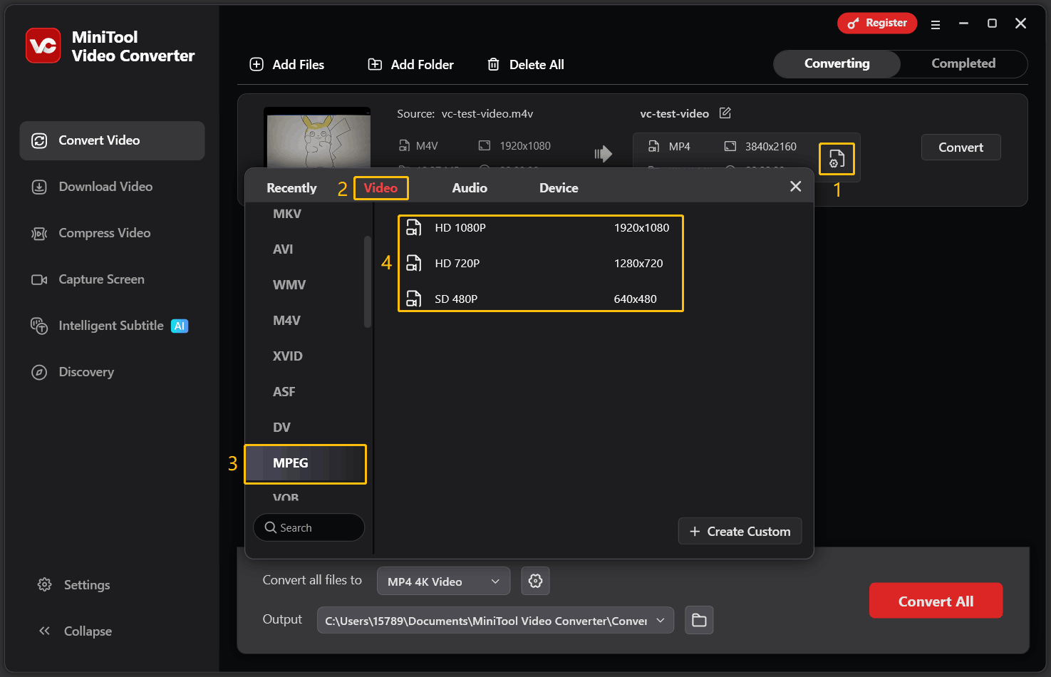 MiniTool Video Converter interface showing how to choose the output format and quality.