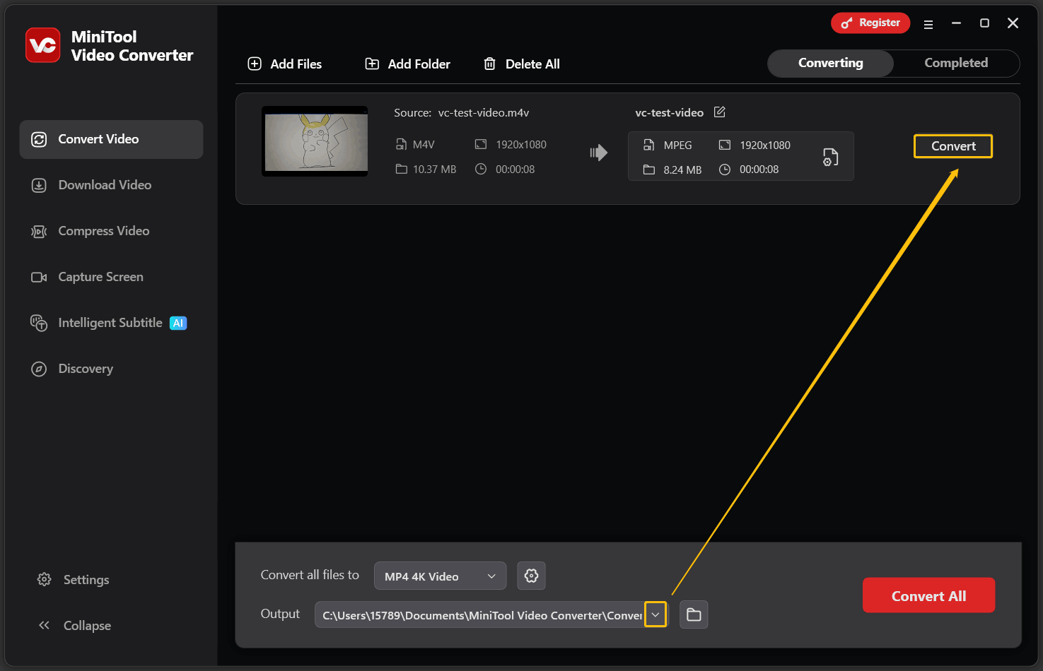 MiniTool Video Converter interface with the Output option and the Convert button highlighted.