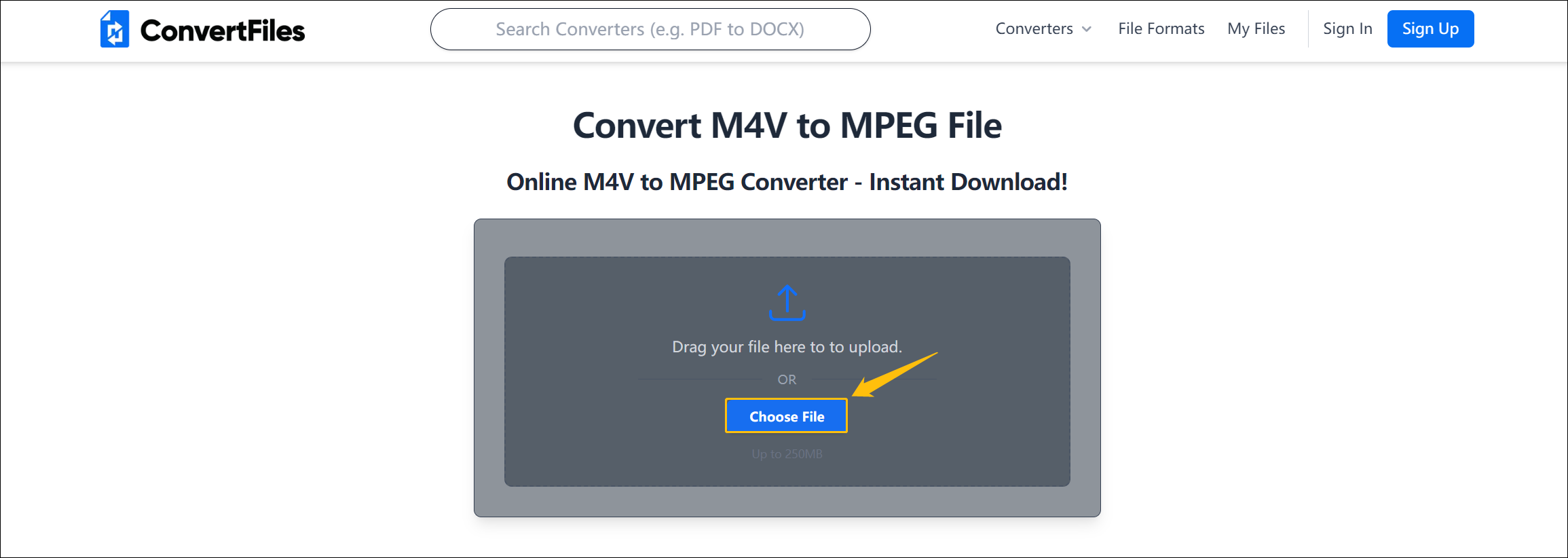 Convert Files interface with the Choose File button highlighted.