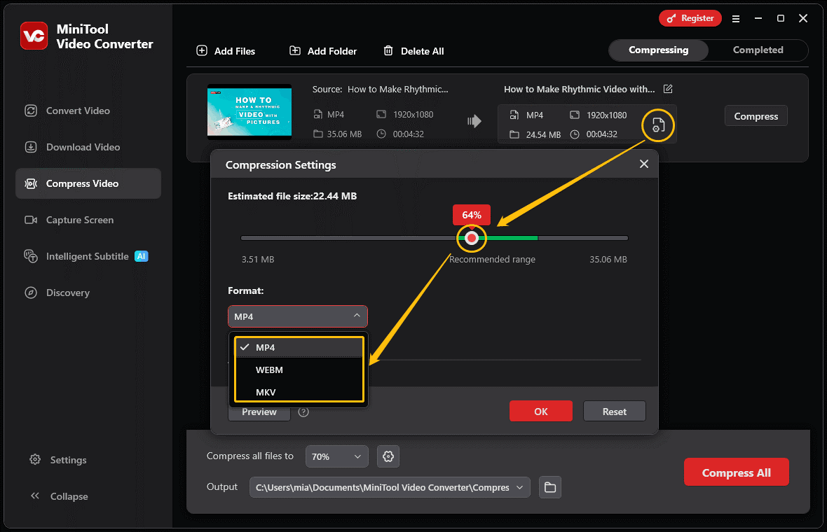 MiniTool Video Converter interface showing how to adjust the compression level and choose the output format