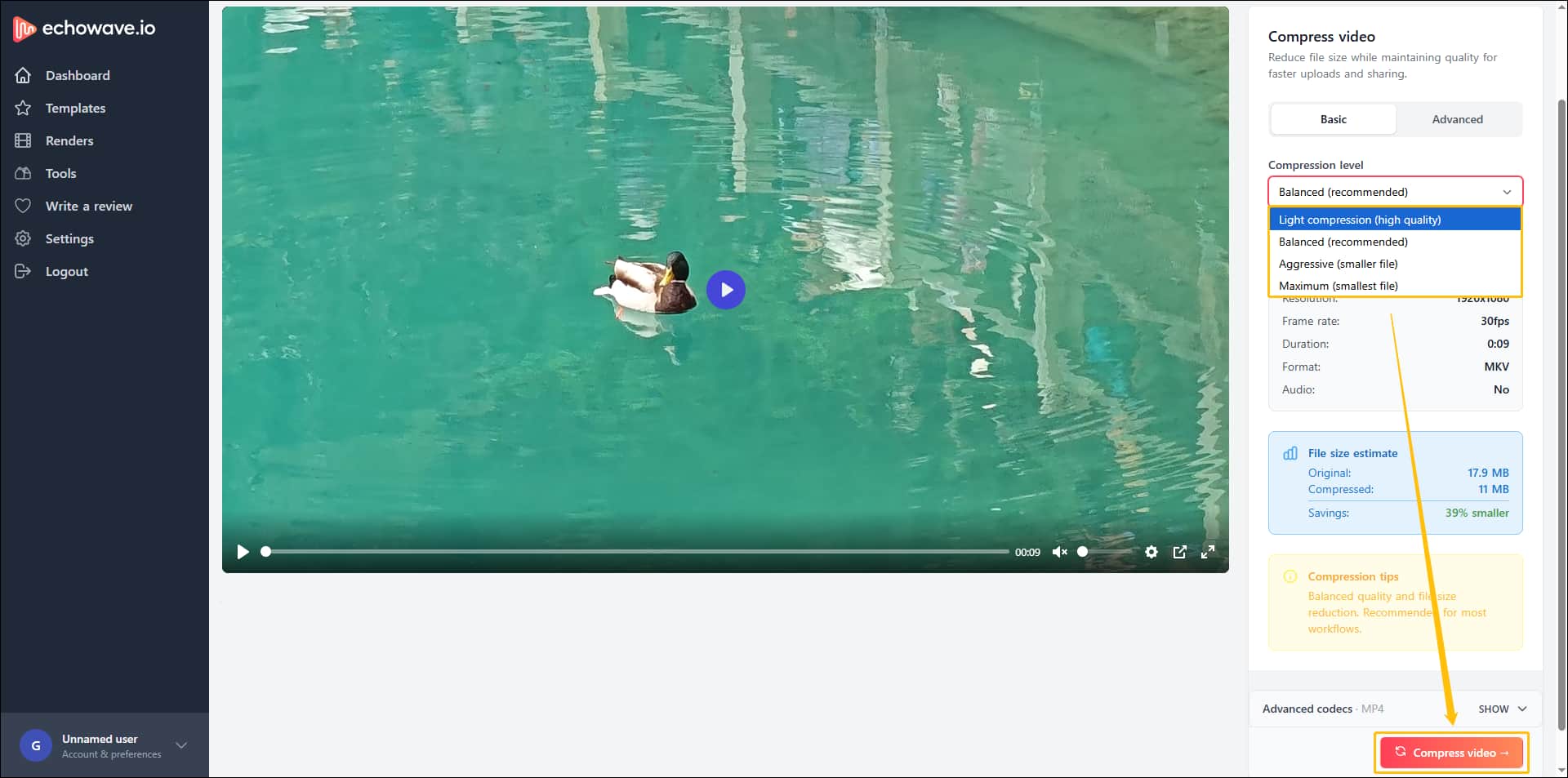 EchoWave interface with the Compression level dropdown and the Compress video button highlighted