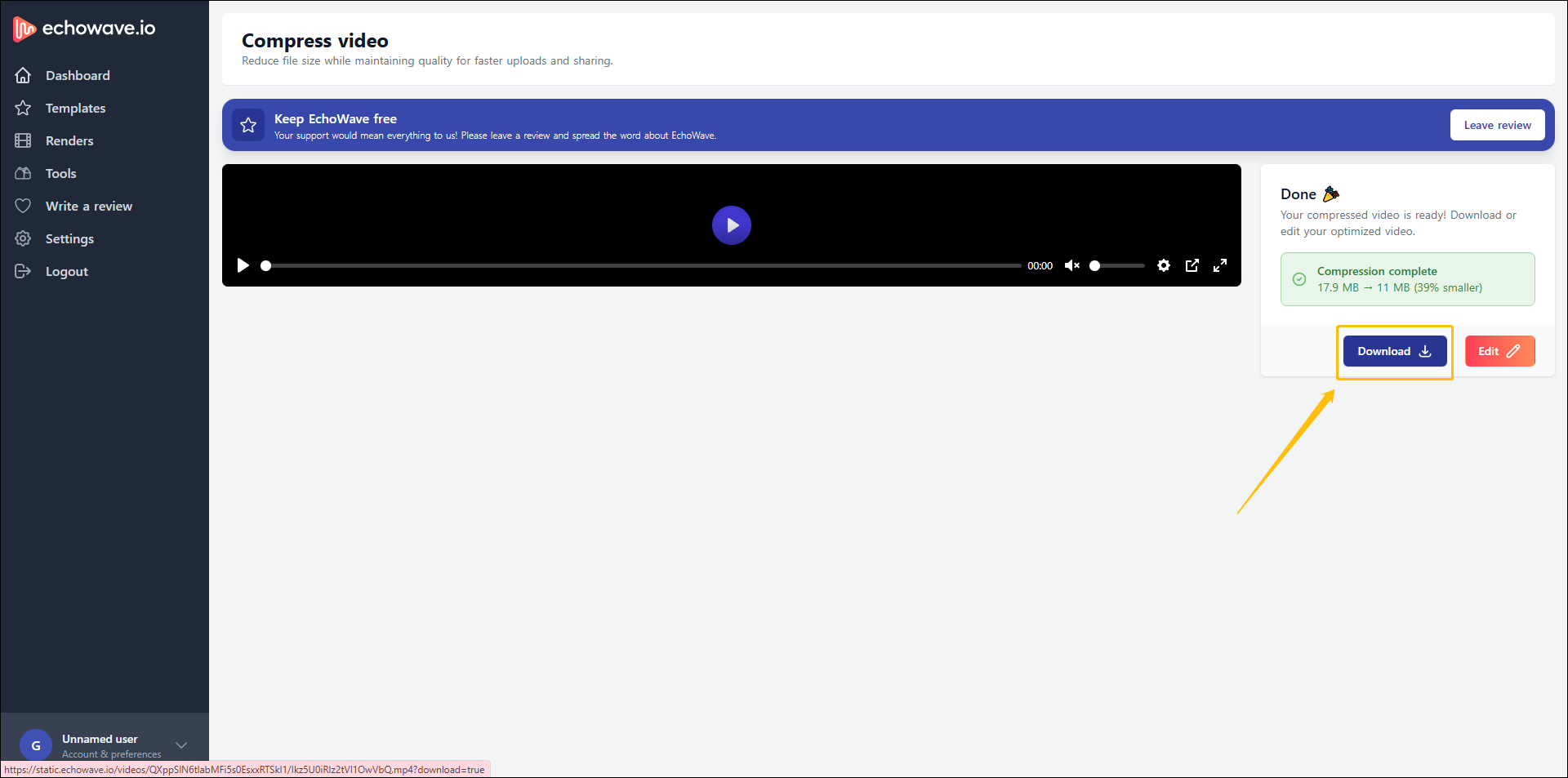 EchoWave interface with the Download button highlighted