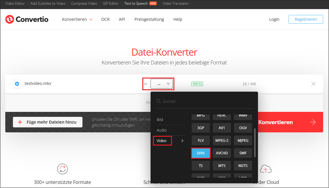 Ausgabeformatmenü erweitern und DIVX unter „Video“ als Ausgabeformat auswählen