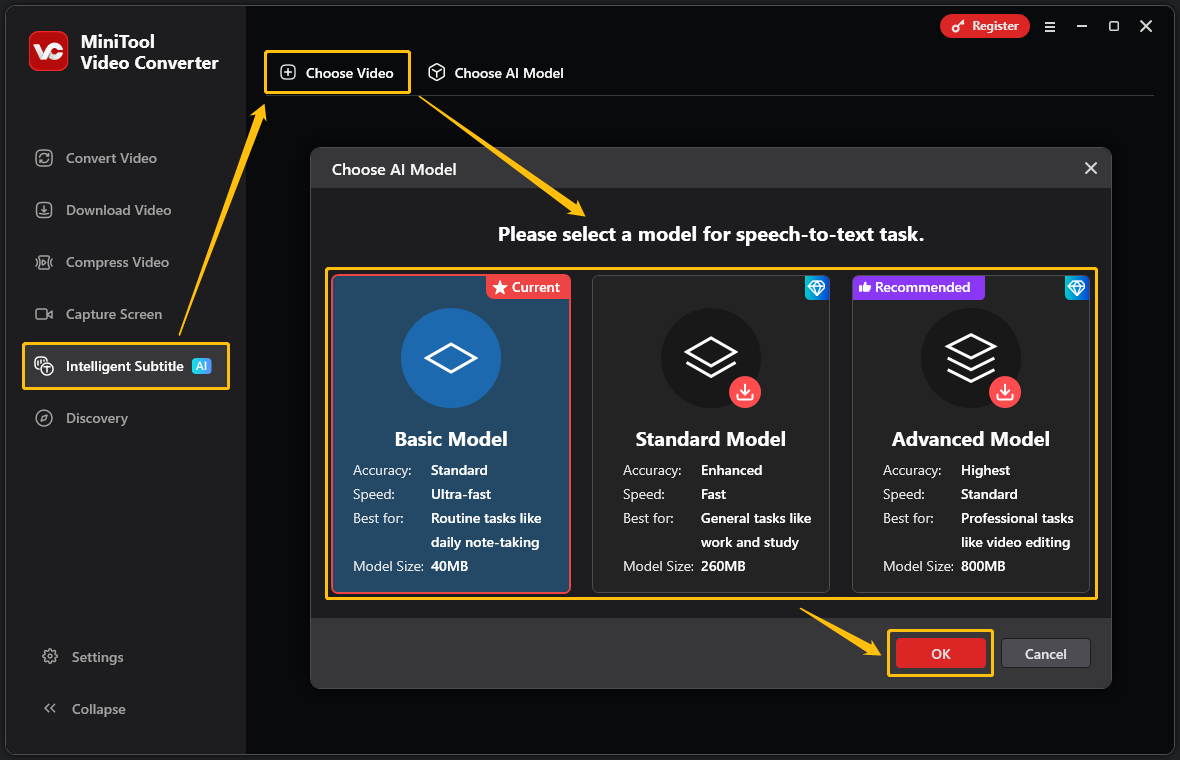 MiniTool Video Converter’s Intelligent Subtitle interface showing how to choose an AI model.