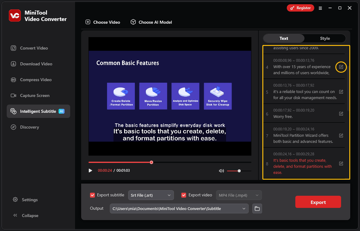 MiniTool Video Converter’s Intelligent Subtitle interface with the transcribed text highlighted.