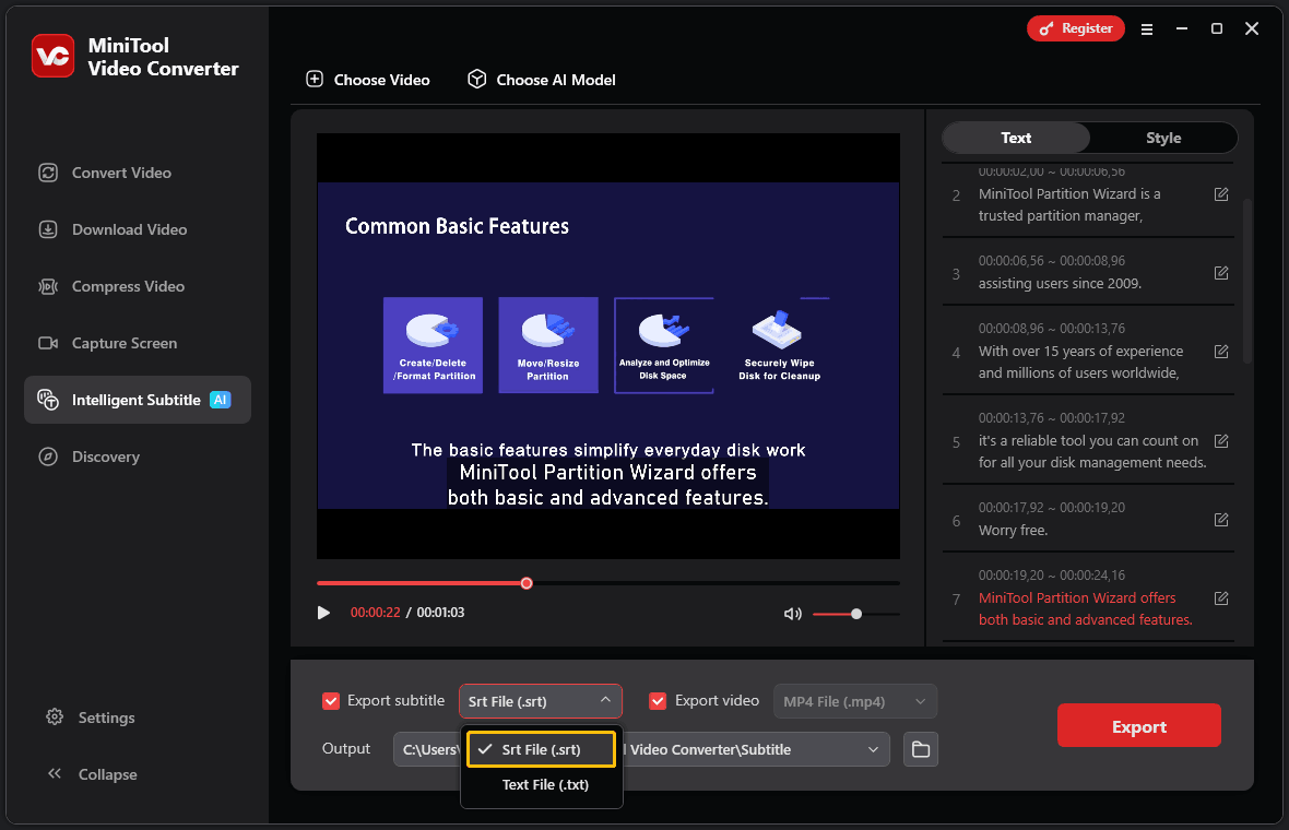 MiniTool Video Converter’s Intelligent Subtitle interface with the Srt File option highlighted.