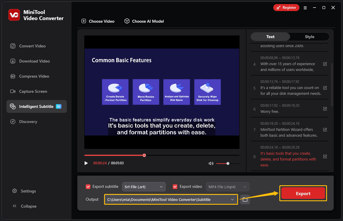 MiniTool Video Converter’s Intelligent Subtitle interface with the Output option and the Export button highlighted.