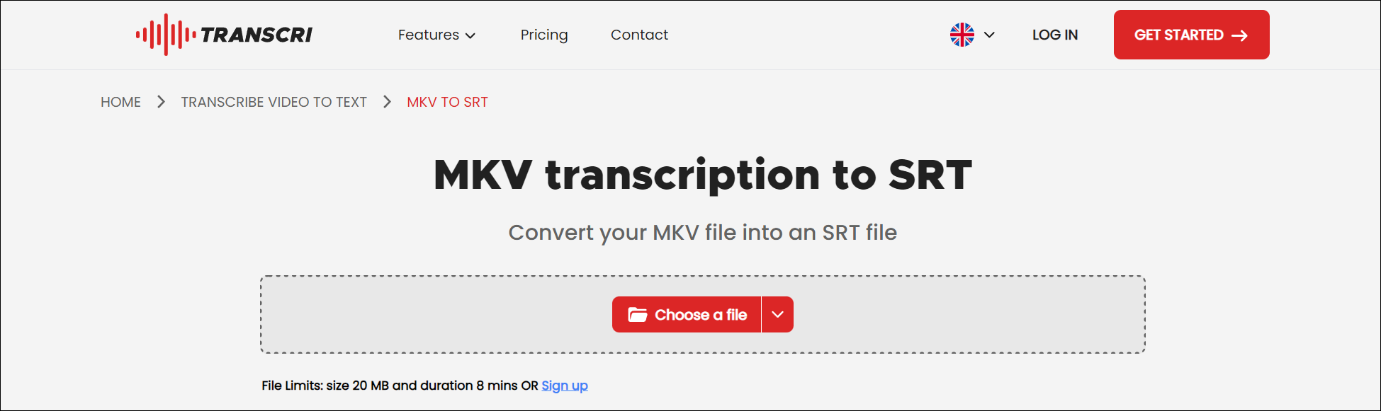 Transcri.io interface for converting MKV to SRT.