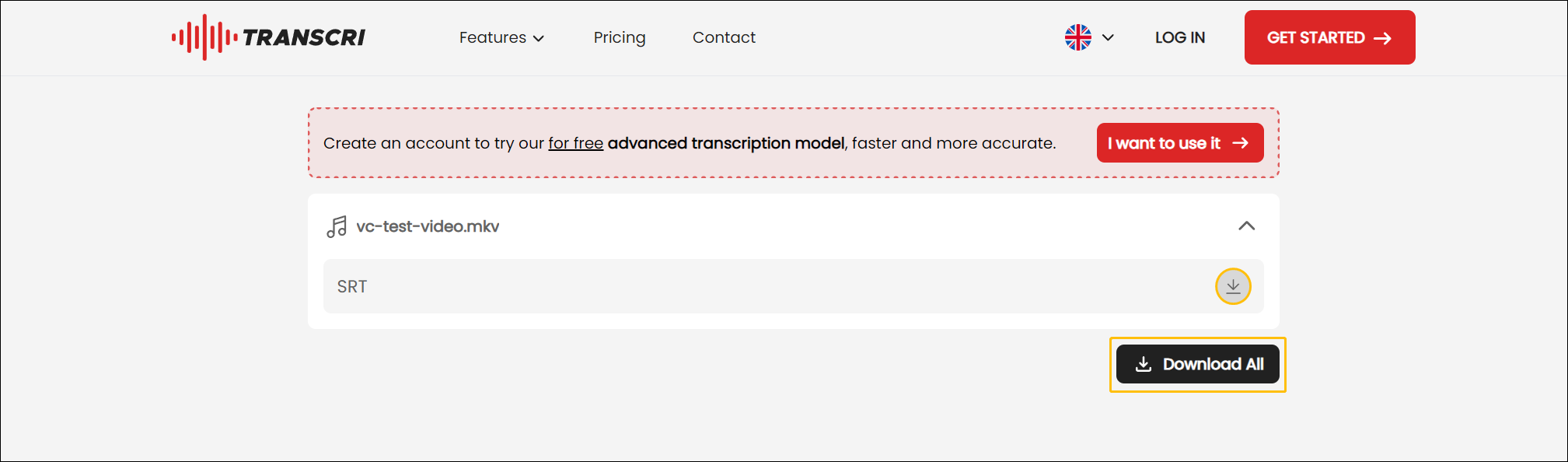 Transcri.io interface with the Download All button highlighted.