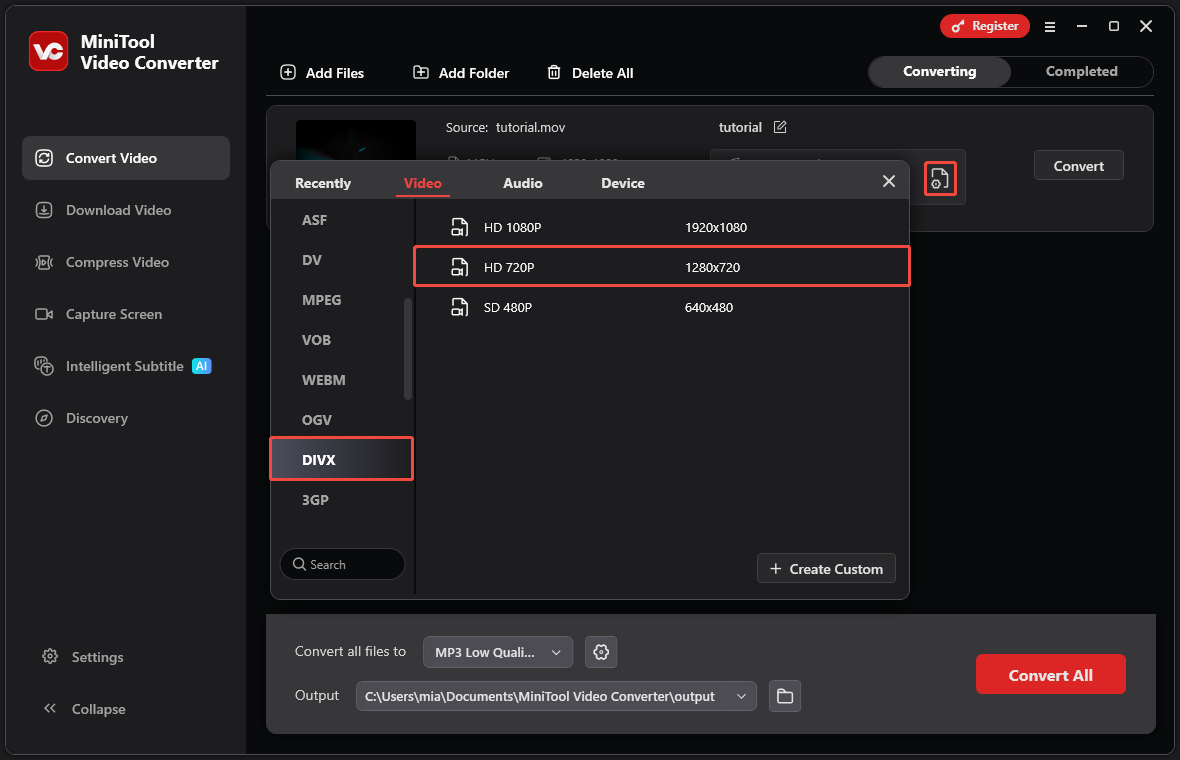 MiniTool Video Converter’s output format window with DIVX and HD 720p option highlighted