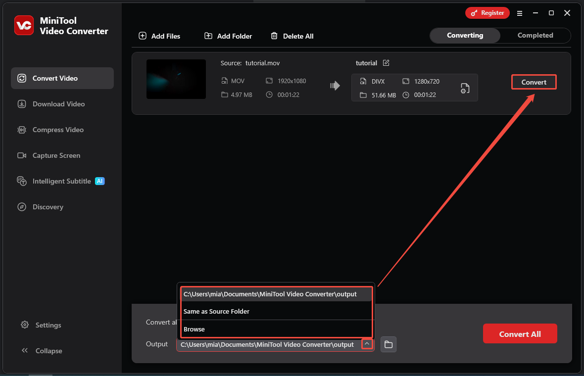 MiniTool Video Converter’s Convert Video interface with the Output dropdown and the Convert button highlighted