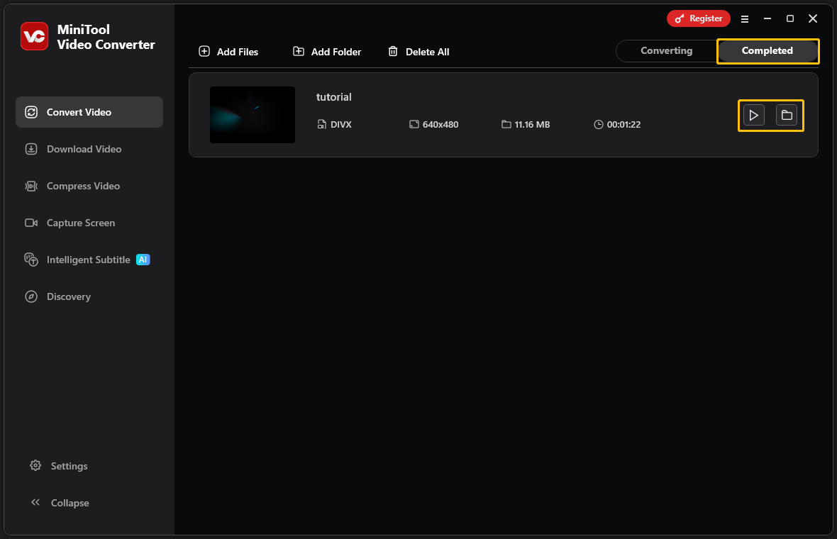 In the MiniTool Video Converter video conversion interface, the Completed tab displays a play and folder icon