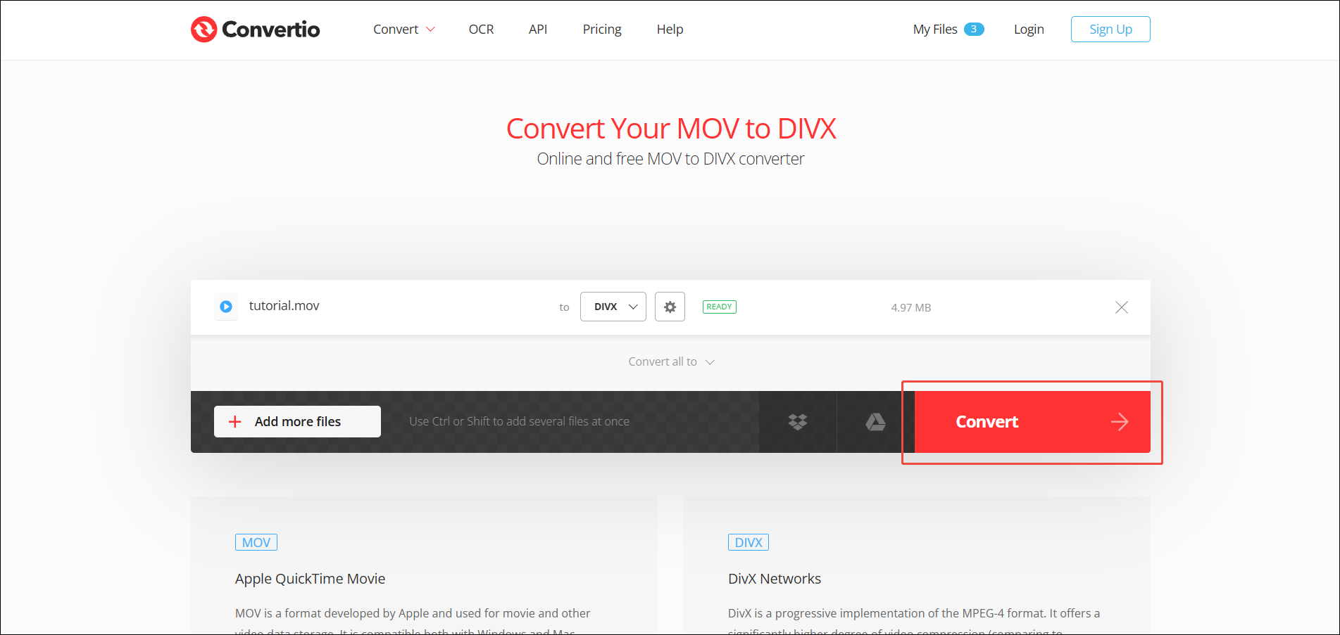 Convertio’s MOV to DIVX interface with the Convert button highlighted