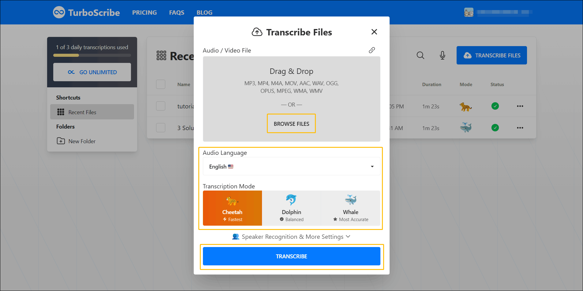 TurboScribe Transcribe Files window showing BROWSE FILES, Audio Language, Transcription Model, and TRANSCRIBE options