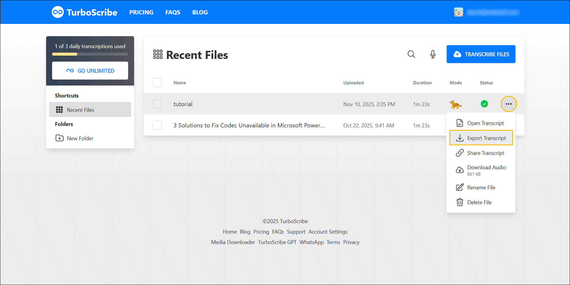 TurboScribe’s dashboard with the Export Transcript option highlighted