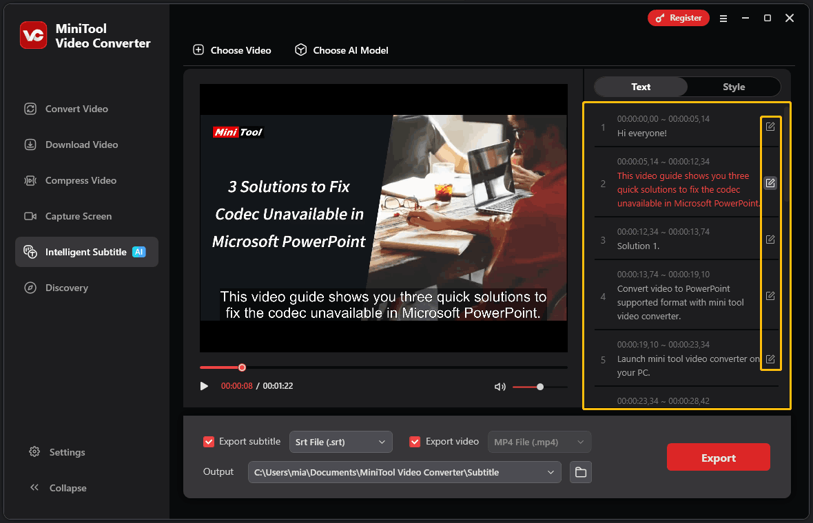 MiniTool Video Converter’s interface showing the generated text on the right side of the interface