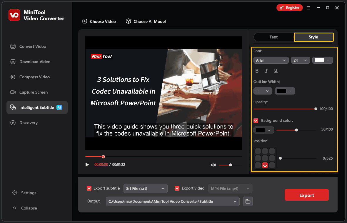 The Style tab in the right panel of MiniTool Video Converter displays options such as font, outline width, opacity, background color, and position