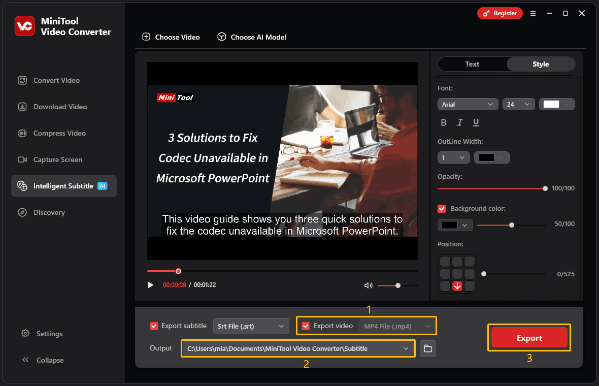 MiniTool Video Converter’s interface with the Export video option, the Output option, and the Export button highlighted