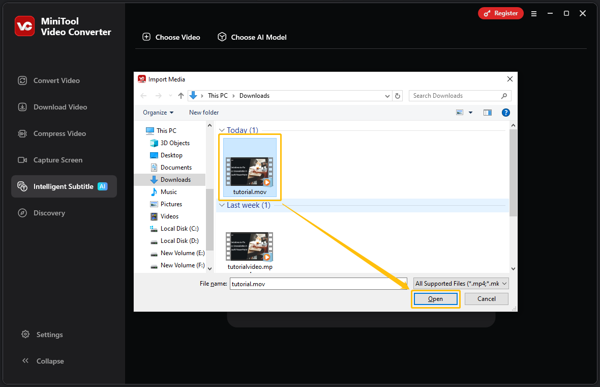 MiniTool Video Converter’s Import Media window with a MOV file and the Open option highlighted