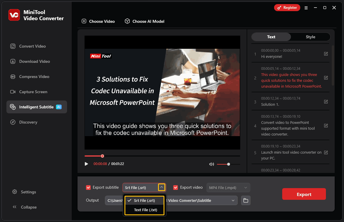 MiniTool Video Converter’s interface with the Srt File option and the Text File option highlighted
