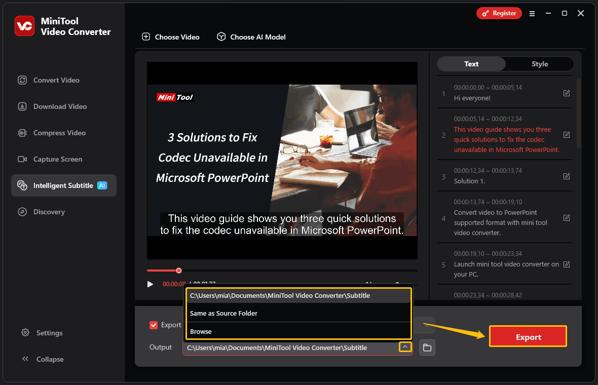 MiniTool Video Converter’s Intelligent Subtitle interface with the Output and Export option highlighted