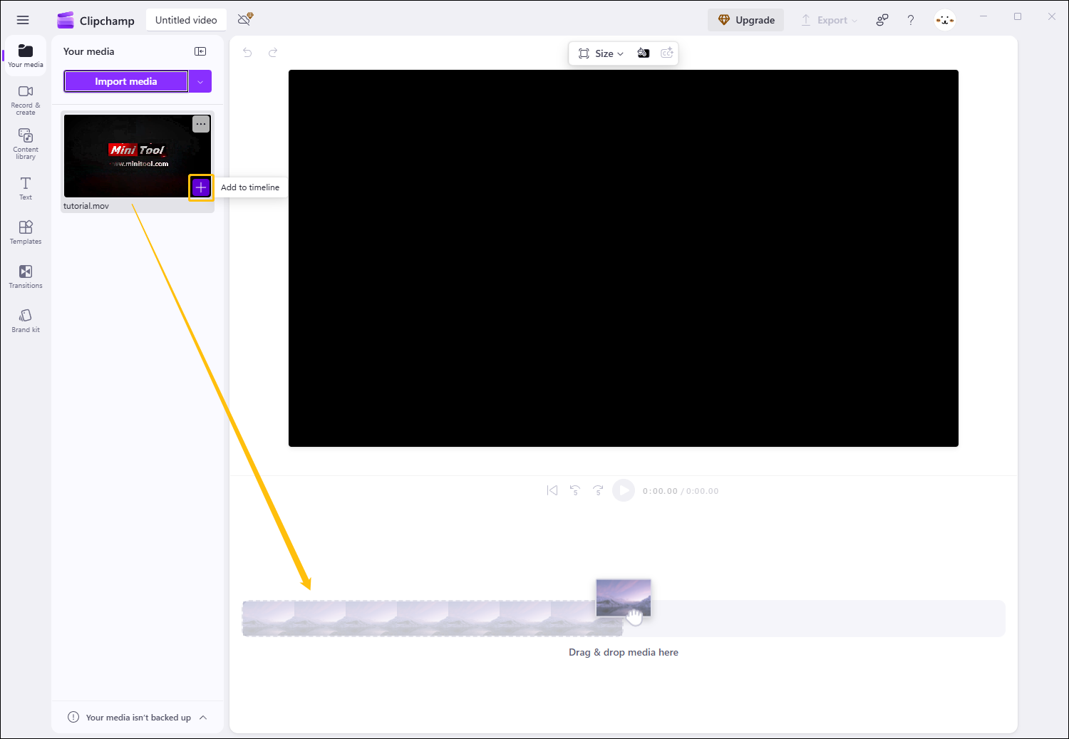 The Clipchamp interface prompts you to drag the video onto the timeline