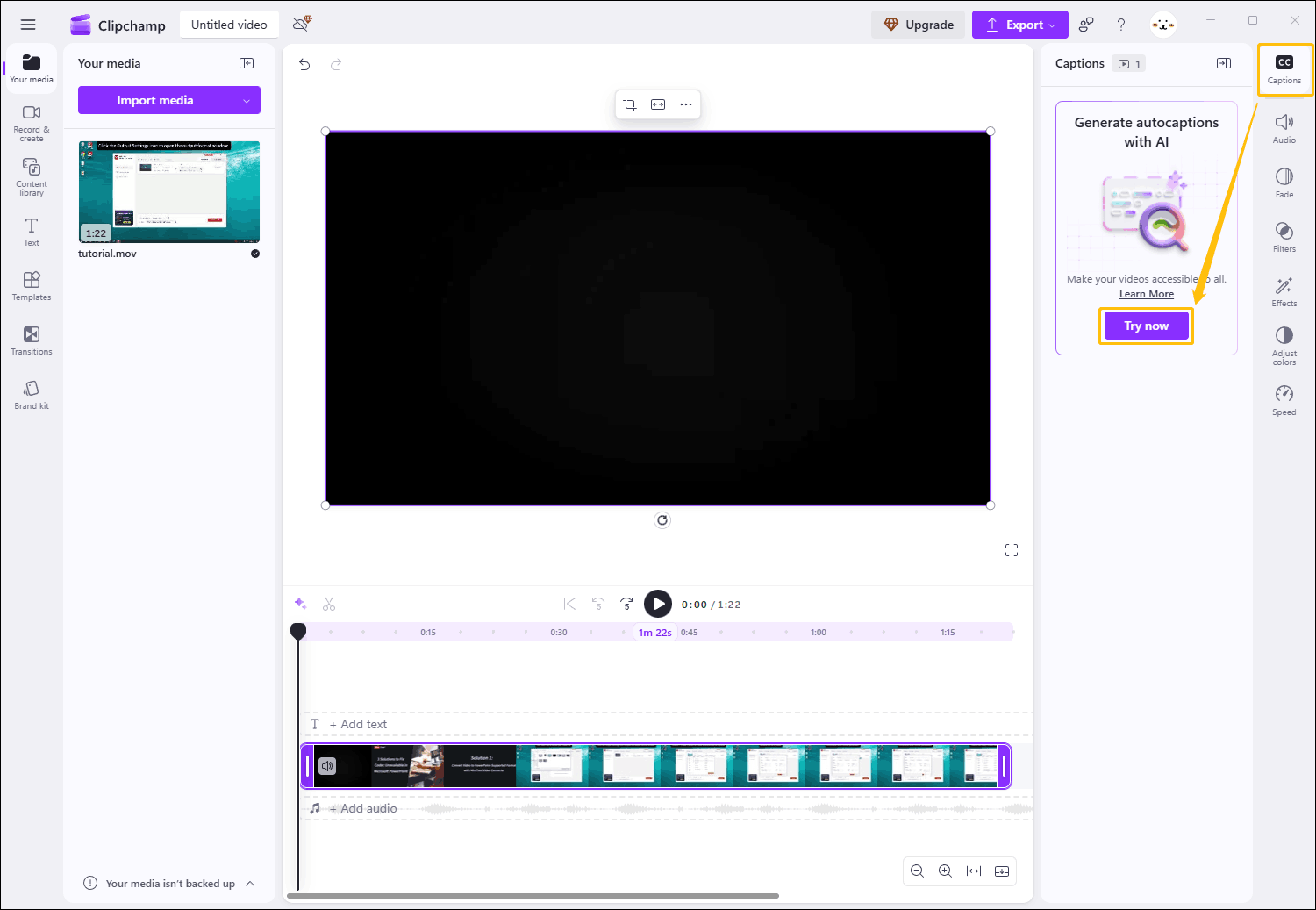 The Clipchamp interface with the Captions option and the Try now option highlighted