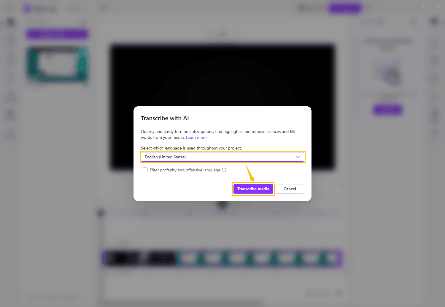 The Clipchamp interface with the language option and the Transcribe media button highlighted