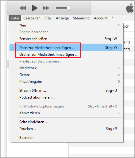 in iTunes auf Datei klicken und Option „Datei zur Mediathek hinzufügen“ wählen