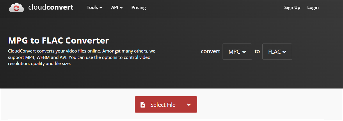 Click on Select File in CloudConvert to import the MPG file