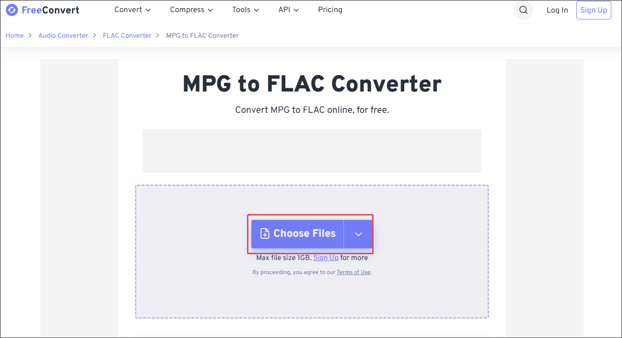Click on Choose Files in FreeConvert to import the MPG video