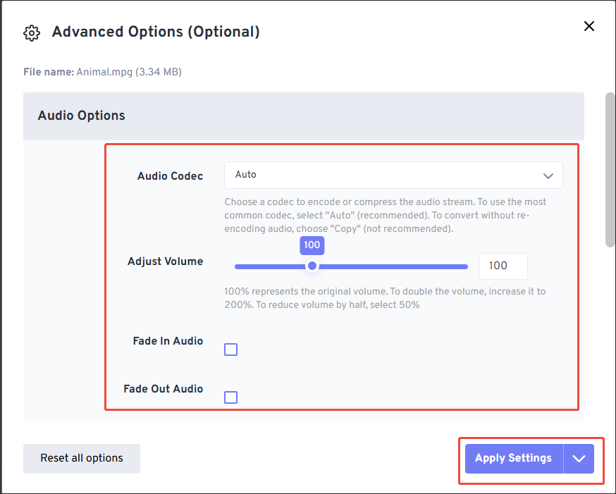 The Advanced Options window of FreeConvert