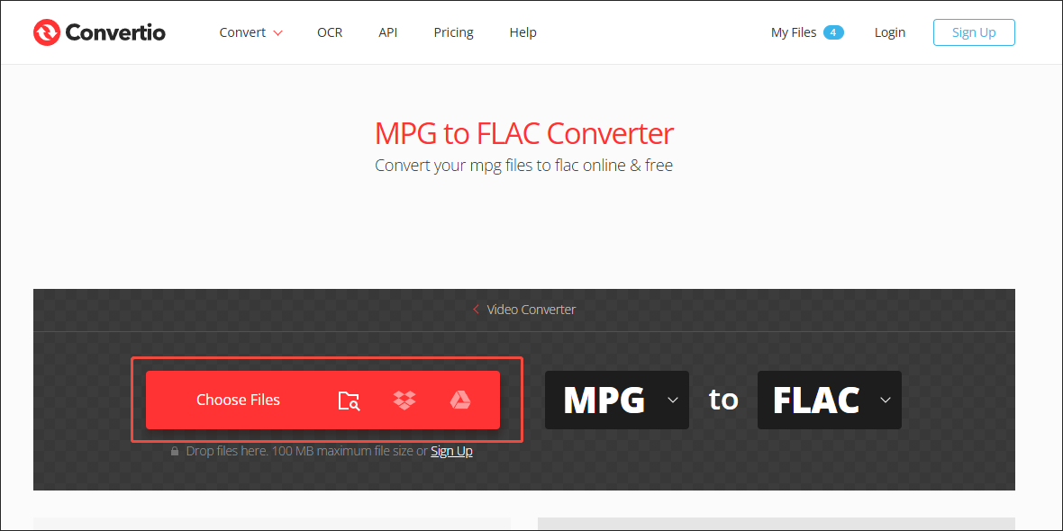 Click on Choose Files in Convertio to import the MPG video
